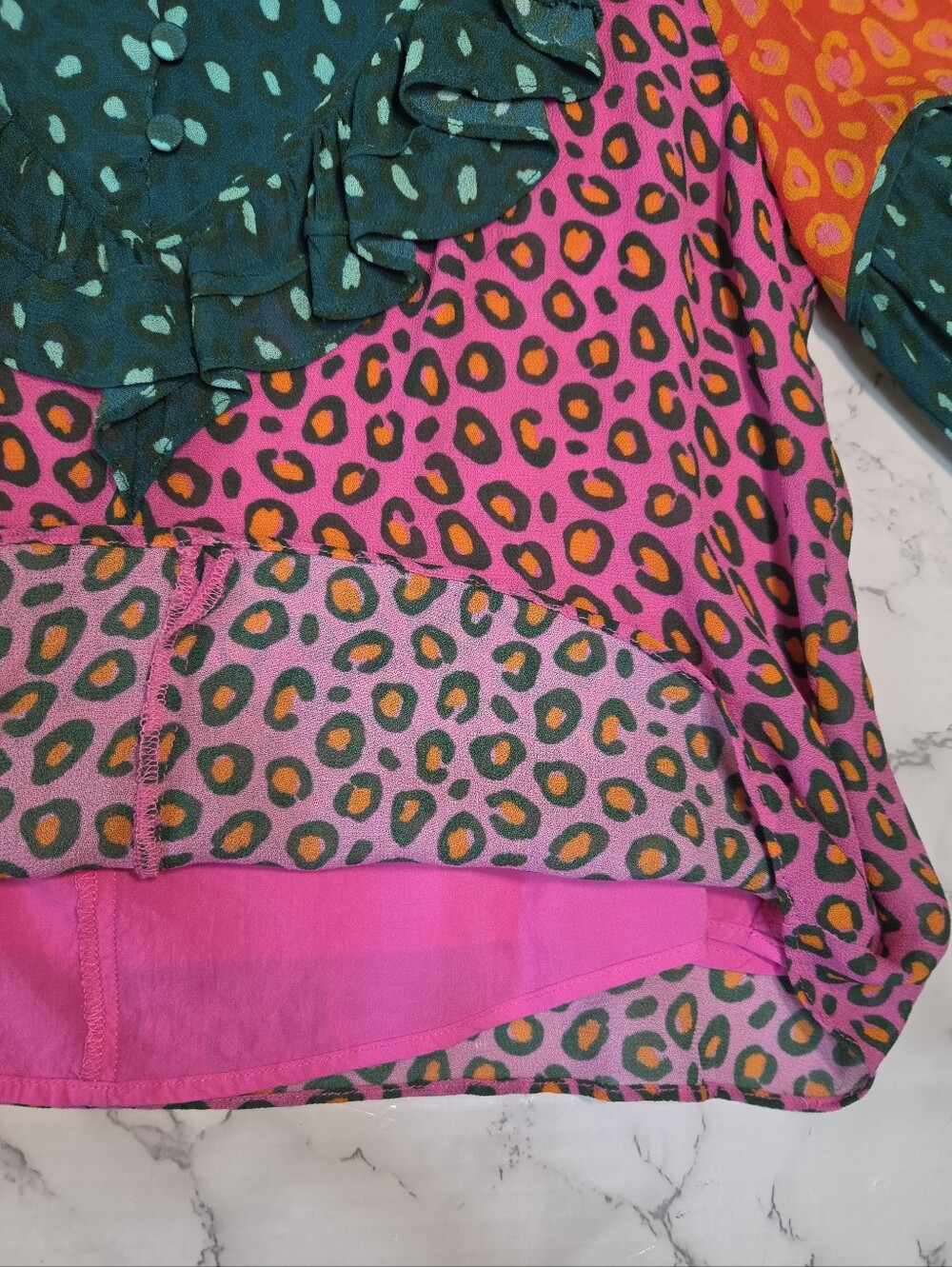 Farm Rio Colorful Patchwork Leopard Print Ruffle Top, Size XS - Picture 8 of 11